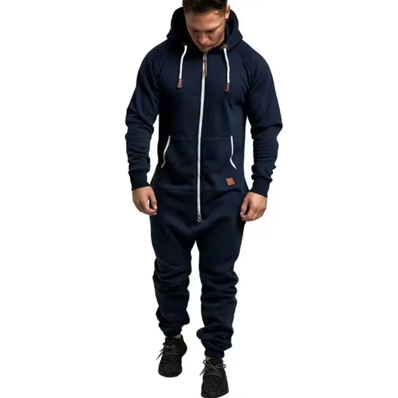 New foreign trade men's hooded fleece jumpsuit solid color casual men's suit jumpsuit 6