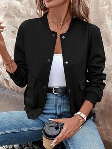 Women's Solid Button Front Pocket Jacket, Casual Long Sleeve Stand Collar Outerwear for Spring & Fall, Ladies Clothes for Daily Wear