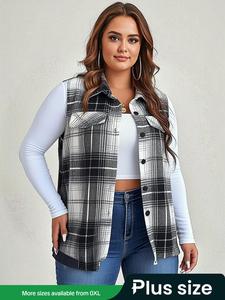 【Plus Size】 Plaid Print Button Front Waistcoat, Casual Sleeveless Collared Outerwear for Spring & Fall, Women's Plus Size Clothes for Daily Wear