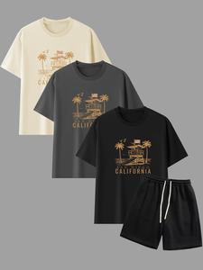 Men's Letter & Palm Tree Print Tee & Shorts Set, Regular Fit Casual Round Neck Short Sleeve T-shirt & Track Shorts, Men's Summer Clothes