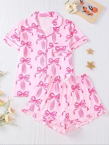 Women's Cartoon Bow Print Short Sleeve Top & Elastic Waist Shorts Pyjama Two-piece Set, Casual Comfy Round Neck T-shirt & Shorts Pj Set, Ladies Summer Sleepwear