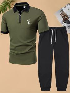 Two-piece Set Men's Graphic Zipper Drawstring, Casual Regular Fit Short Sleeve Polo Shirt & Pocket Pants, Men's Outfits For Daily Wear, Summer Clothes