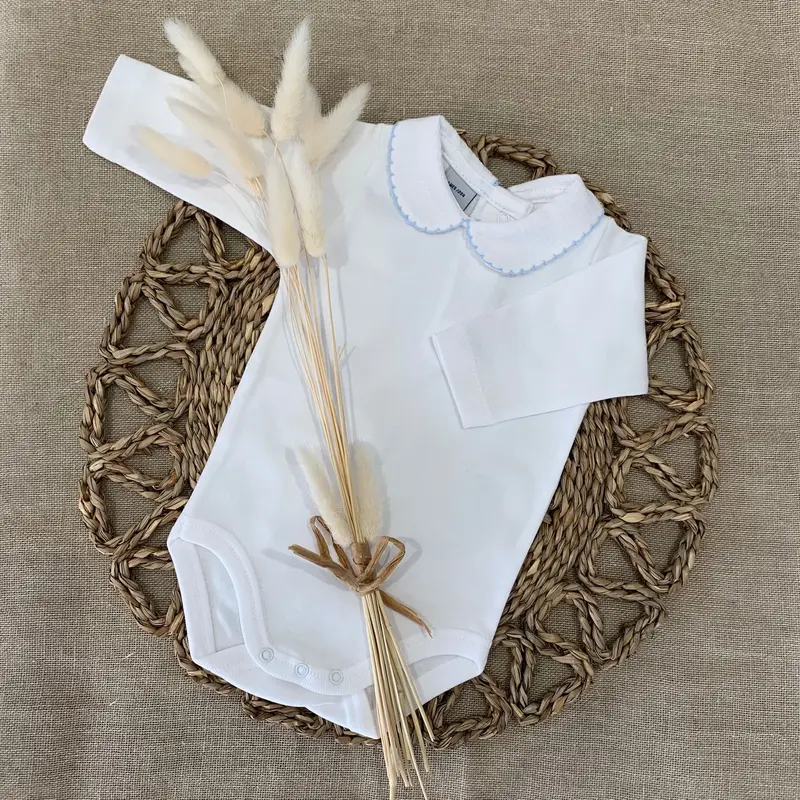 Babidu Boys White Cotton long Sleeved Blue Edge Bodysuit 0
