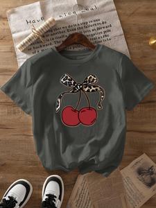 【Plus Size】 Cherry Print Round Neck Tee, Fashion Casual Crew Neck Short Sleeve T-Shirt for Daily Outdoor Wear, Women Plus Clothing for All Seasons, Top
