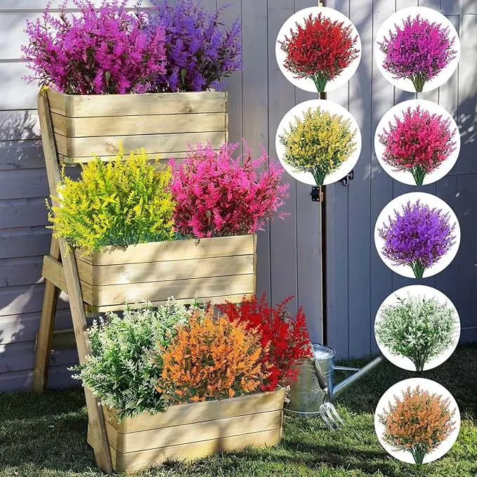 Mixed Color 16 Bundles Artificial Lavender Flowers - UV Resistant Outdoor Plastic Flower for Indoor and Outdoor Decorations - Decorative, Fruit 0