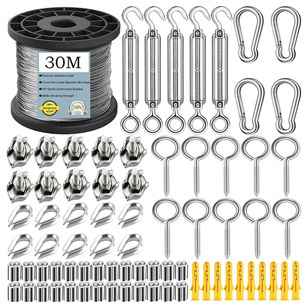 30M Garden Wire for Climbing Plants,304 2MM Stainless Steel Wire Rope Kit,M5 Turnbuckle Wire Tensioner Kit,Cable Railing Kit,Wire Trellis Kit,Catenary Wire Kit with M5 Vine Eyes garden  accessories