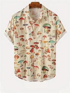 Men's Mushroom Print Button Funny Shirt, Casual Regular Fit Short Sleeve Collar Top for Summer, Streetwear, Menswear, Classic Fit Menswear, Garment, Breathable Casual Top, Casual Trendy Shirt, Cooling Summer Menswear, Casual Outdoor Shirt