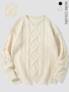 Unisex Cable Knit Sweater, Casual Textured Drop Shoulder Long Sleeve Jumper for Fall & Winter, Fashion Cozy Knitwear for Unisex