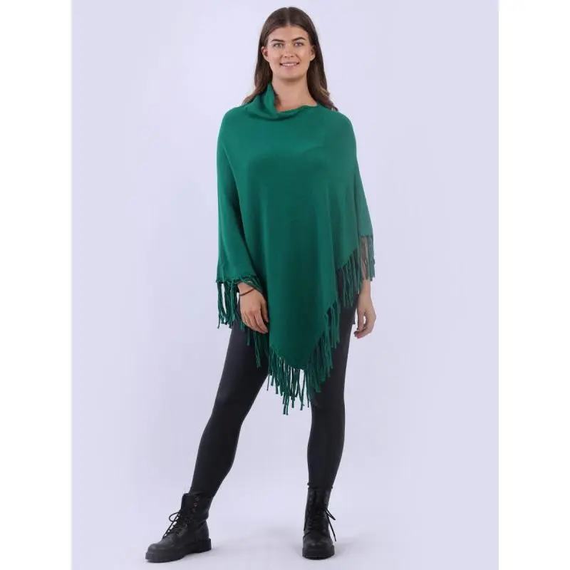 Cozy Cowl Neck Ladies Knitted Fringe Poncho 0
