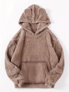 Women's Basic Plain Pocket Drop Shoulder Plush Hoodie, Lady Minimalist Cute Casual Comfort Long Sleeve Hooded Pullovers, Fuzzy Hoodies for Women, Lady's Comfortable Tops Clothes for Daily Wear, Womenswear