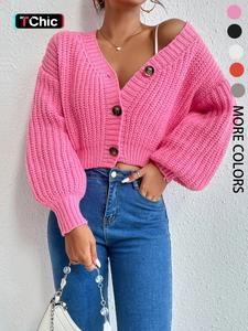 Women's Plain Bishop Sleeve Button Front Cardigan, Casual Long Sleeve V Neck Knitwear for Fall & Winter, Fashion Women's Knit Clothing for Daily Wear Valentine's Day, gift