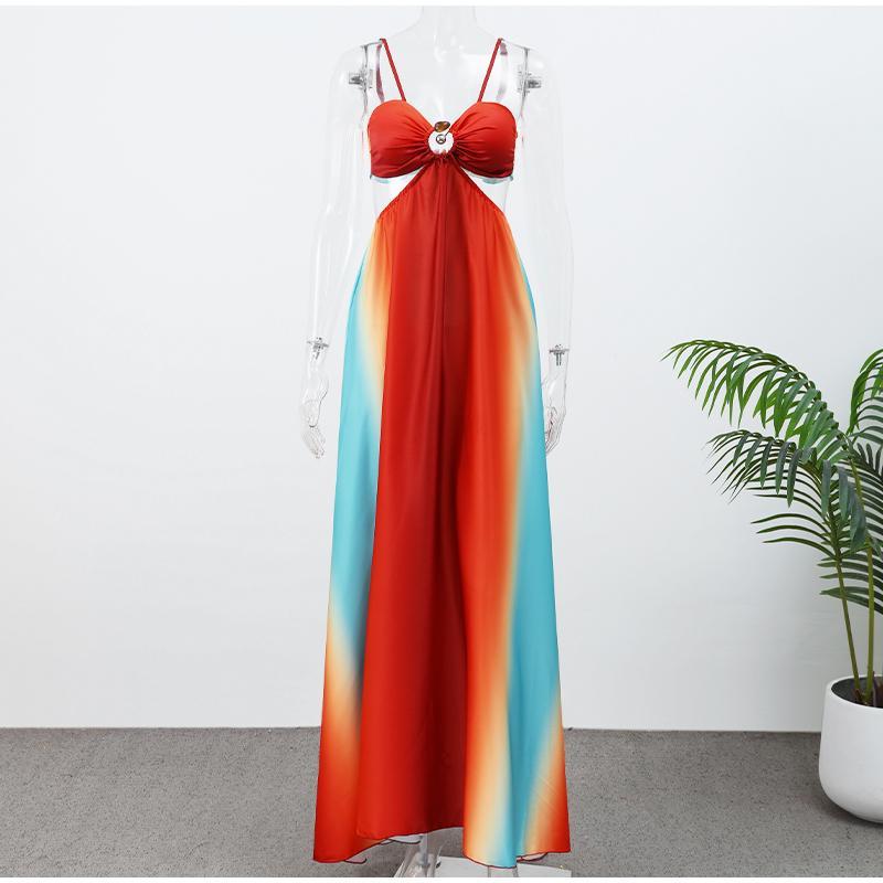 Product Introduction of Sexy Summer Holiday Printed Strapless Hollow Out Dress Women Fashion Contrast Color Backless Robes 2025 Beach Party Vestidos Formal Womenswear Comfort Sleeveless Minimalist 11