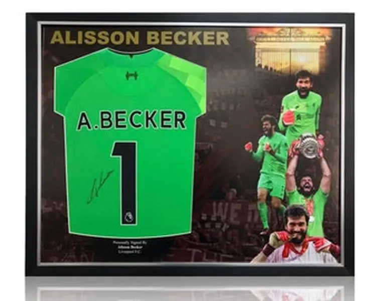 Alisson Becker Hand Signed Liverpool Green Goalkeepers Shirt in Deluxe MONTAGE