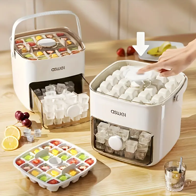 Large Capacity Ice Maker Bucket with Dual Layers and 48 Compartments, Food-Grade Plastic with Built-in Freezer Box, Ideal for Home, Office, and Outdoor Use | Easy-to-Clean Material, Countertop Ice Tray 2Color 1