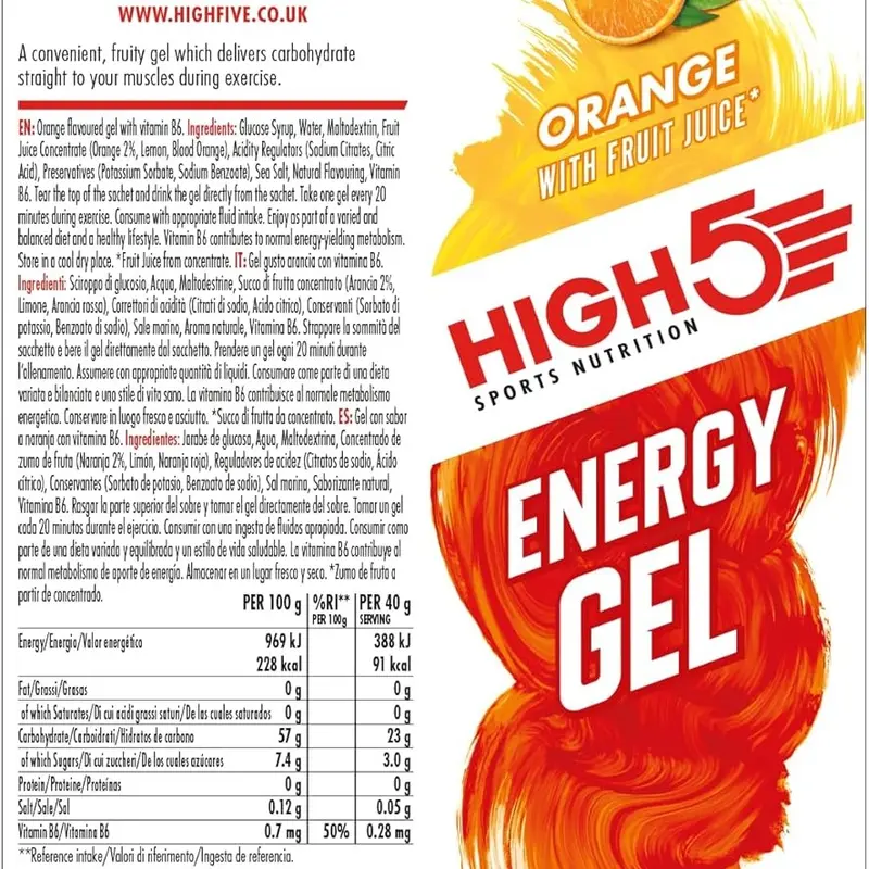 HIGH5 Carbohydrate Gels - Natural Orange Fruit Juice & Caffeine-Free - Endurance Fuel for Running, Cycling & Hiking (6 x 40g) - Beverage, Sport 1