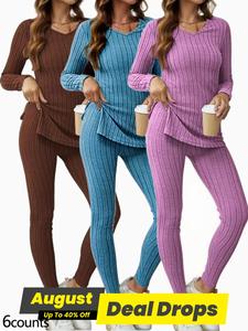 Women's Solid Long Sleeve V Neck Top & Skinny Pants Pajama Set, Casual Comfy Loungewear Set for Daily Wear, Ladies Sleepwear for All Seasons, Womenswear, Pjs