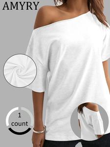 Women's Solid Asymmetrical Neck Tee, Casual Loose T-shirt for Daily Wear, Ladies Clothes for All Seasons, Top, Womenswear