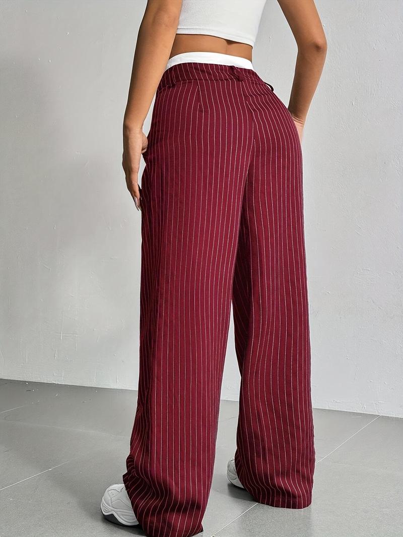 Product Introduction of Women's High-Waist Striped Wide-Leg Blazer Pants - Navy Blue & White Vertical Stripes, Polyester, Casual Style, Machine Washable, Spring/Summer/Fall Wear, Versatile Legwear | Wideleg Design | Glossy Texture, Wide Leg Pants 17
