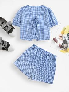 Women's Plaid Print Tie Front Shirt & Shorts Two-piece Set, Casual Breathable Fitted Ruff Sleeve Top & Shorts for Summer, 2 Piece Co-ord Set, Ladies Clothes for Daily Wear, Womenswear, Casual Outfits Women, Casual Fashion Set