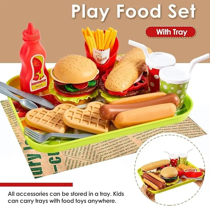 Pretend Play Food Sets for Children Kitchen, Plastic Take Apart Toys Hamburger Fast Food Playset Kids Kitchen Accessories Role Play Toys for 3 4 5 Years Old Kids Boys Girls 4