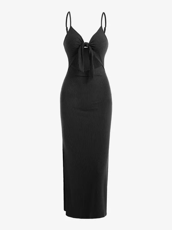 Women's Plain/denim-effect Print Cut Out Knot Front Cami Dress, Sexy Printed Backless Split Ribbed Bodycon Long Dress, Ladies Summer Clothes for Party Club Dating Wear Valentine's Day, Gift,  Red Dress 1