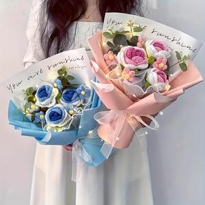 Artificial Flower Bouquet, 2 Counts/set Handcrafted Crochet Flower Bouquet with Inspirational Message Card, Ideal for Weddings & Home Decor, Teenage Girl Gifts, Decorative