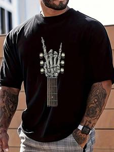 Men's Skeleton Hand Guitar Print Short Sleeve Tee, Casual Loose Letter Graphic T-shirt for Summer, Men's Top for Daily Wear, Crewneck