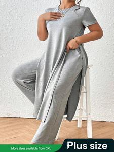 2/4 Counts Plus Size Solid Split Thigh Wide Leg Pants Set, Casual Short Sleeve Top & Trousers for Daily Outdoor Wear, Summer Outfits 2024, Plus Size Summer Sets, Women's Outfits for Summer