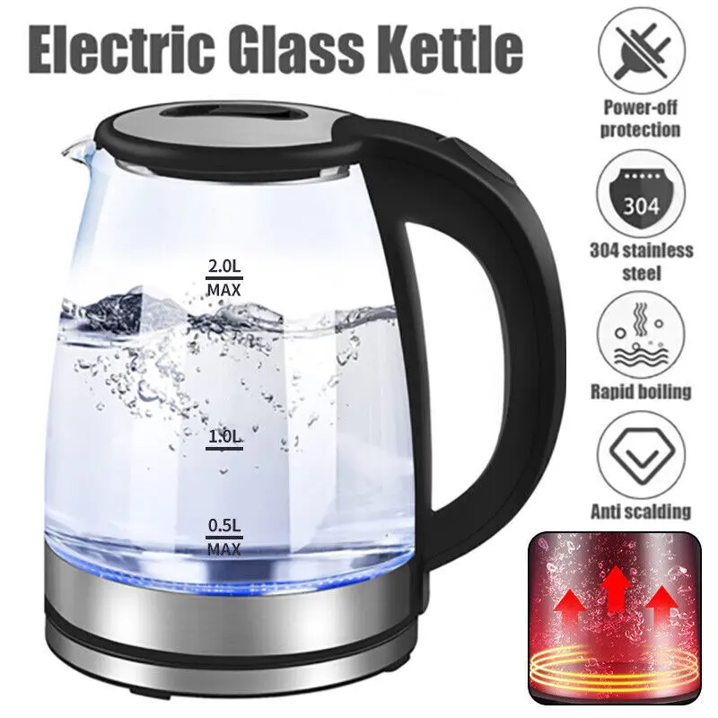 2L Electric Kettle Glass Fast Boil 360° Blue LED Illuminated Portable Jug 1500W