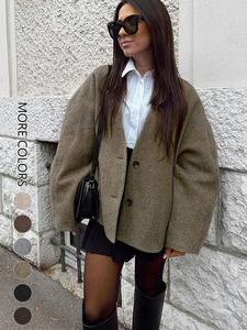 Women's Solid Button Front Pocket Woolen Coat, Casual Long Sleeve Deep V Neck Outerwear Jackets for Fall & Winter, Women's Clothing for Daily Wear