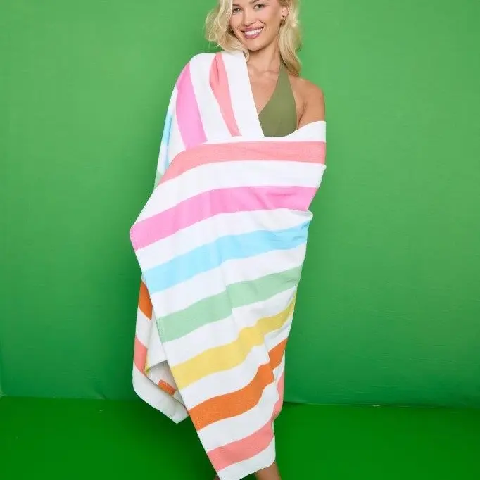 Jumbo Beach Towels, Light weight, Quick Dry Extra Large 100cm x 200cm and 100cm x 180cm Microfibre Sand free Beach Towels, 100% Recycled Microfibre perfect for Travel Rainbow Stripe quick-dry bath towel