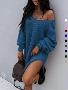 Women's Plain One Shoulder Split Thigh Sweater Dress, Casual Drop Shoulder Long Sleeve Jumper for Fall & Winter, Women's Knitwear for Daily Wear