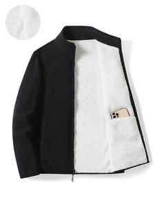 Men's Solid Pocket Zipper Fleece Jacket, Loose Casual Long Sleeve Stand Collar Outerwear for Fall & Winter, Men's Clothes for Daily Wear