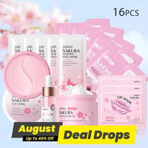 Sakura Skincare Set (16pcs/set), Hydrating Sakura Skin Care Sets Skin Brightening Kit Eye Mask, Serum, Moisturize Cream, Lip Mask, Sleeping Mask, Mud Mask, Moisturizing Skin Care Kit for Women, Hydrate, Beauty Kit, Pink Moisturizing Revitalizing Set