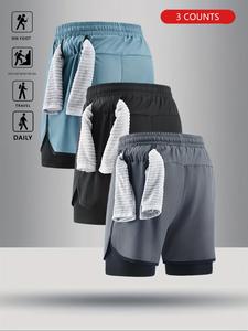 Men's 2 in 1 Solid Color Drawstring Waist Shorts, Breathable Comfortable Sports Shorts, Casual Men's Bottoms for Summer