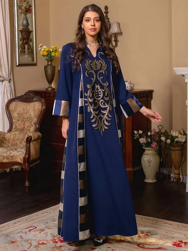 Ramadan-Muslim Elegant V-Neck Embroidered Stripe Kaftan Dress - Modest Long Sleeve Maxi for Women, Polyester, Machine Washable 3