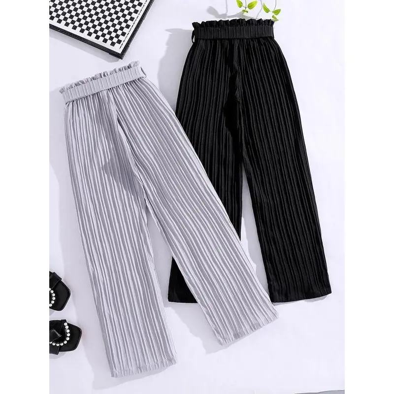 Girl's Solid Textured Belted Wide Leg Pants, Casual Fashion Comfy Frill Trim Trousers for Fall & Winter, Kids Bottoms for Daily Wear 1