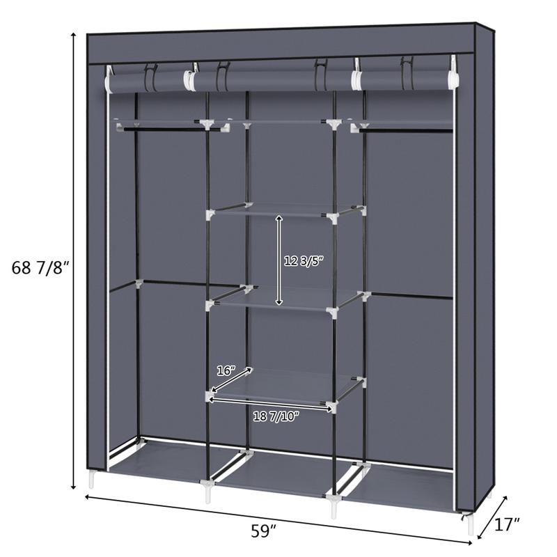 Portable Clothes Closet Non-Woven Fabric Wardrobe Double Rod Storage Organizer - Gray Racks 4