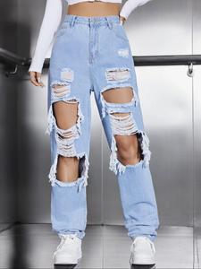 Women's High Waist Jeans, Street Style Fashion Casual Basic Loose Fit Distressed Straight Leg Oversized Denim Pants, Destroyed Hole Jeans, Lady Bottoms for Daily Wear, High Waisted Ripped Womenswear, Light Wash Streetwear