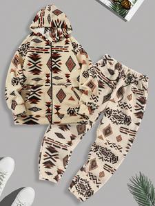 Men's Ethnic Pattern Thermal Lined Zip Up Fluffy Hoodie & Pants Set, Casual Loose Long Sleeve Hooded Sweatshirt & Trousers for Winter, Men's Outfits for Daily Wear