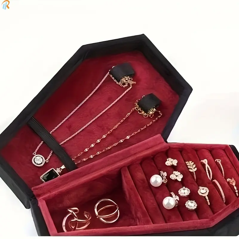 MILAN GOLD  Vintage Velvet Jewelry Box in an Elegant Octagonal Design - Made of Soft Fabric and Featuring a Snap Closure. It's a Great Organizer for Earrings, Rings, and Necklaces. A Charming Christmas Present for Women like Moms and Girlfriends, Acting a 0