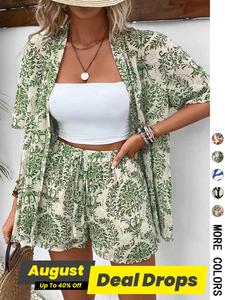 Women's Floral Print Open Front Top & Drawstring Waist Shorts Set, Boho Casual Two-piece Outfits for Beach Vacation Holiday, Ladies Summer Clothes, Bohemian Womenswear, Cute Two Piece Sets, Blouse Shorts Set