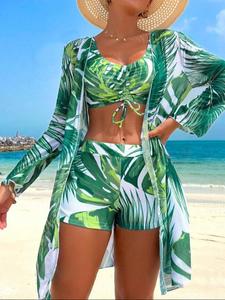 Three-piece Set Women's Leaf Print Bikini Set, Tropical Print Swimsuit, Ruched U Neck  Swim Bra & Swim Shorts &  Long Sleeve Open Front Cover Up Top  Set, Ladies Swimsuit for Beach Holiday Vacation