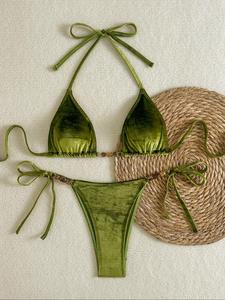 Women's Solid Color Velvet Swimsuit, Casual Fashion Chic Swimwear for Beach Holiday Vacation, Ladies Swimsuit for All Seasons, Swimsuit Style Bikini