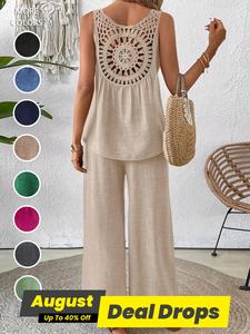 Women's Solid Color Hollow Out Tank Top & Wide Leg Pants Two-piece Set, Casual Sleeveless Top & Pants for Spring & Fall, Women's Clothes for Daily Wear