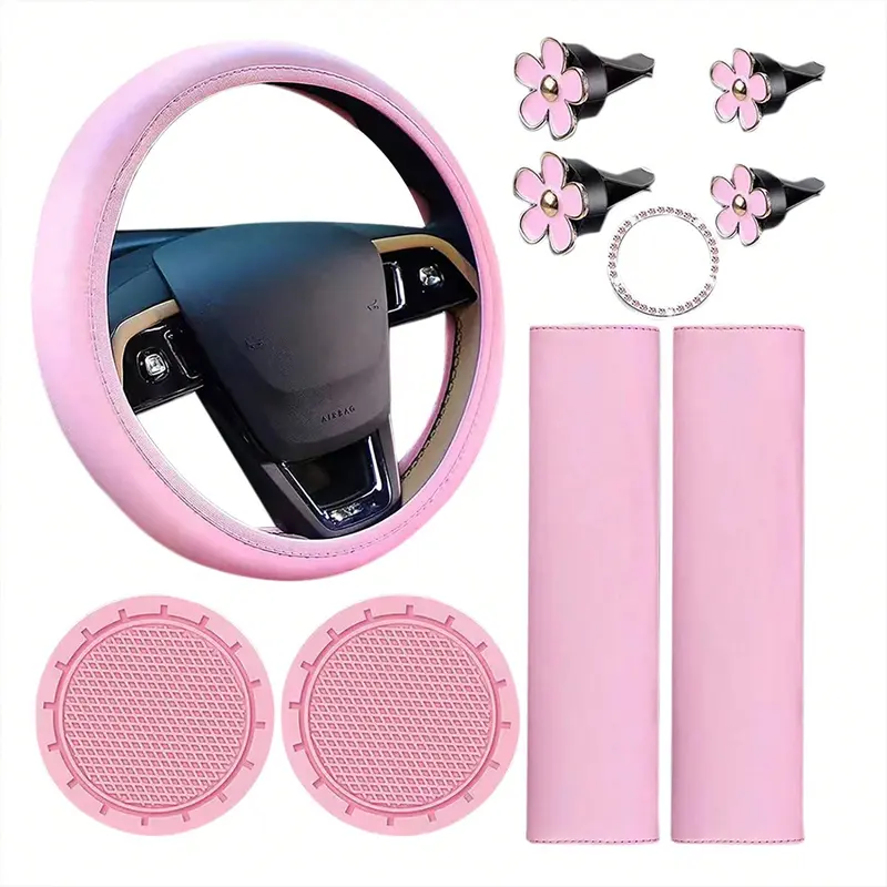 Leather Steering Wheel Cover Set, 10 Pcs Universal Leather Steering Wheel Wrap Cute WomenCar Accessories Set With Seat Belt Shoulder Pads Cup Holders Fit For Most Cars 6