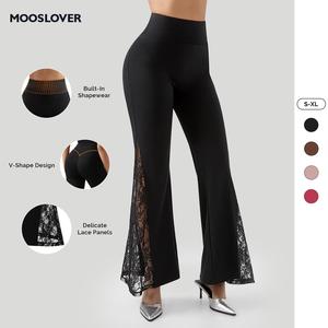 Mooslover UK Delicate Lace Panel Flared Pants High Waisted Stretchy Long Pants Womenswear Bottom Comfort Trouser