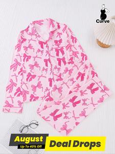 【 Plus Size】 Two-piece Set Animal Print Contrast Binding Pyjama Set, Casual Comfy Lapel Neck Pocket Shirt & Elastic Waist Pants Pj Set, Women's Plus Sleepwear for Spring & Fall, Sleepover Supplies for Girls, Pajamas, Womenswear