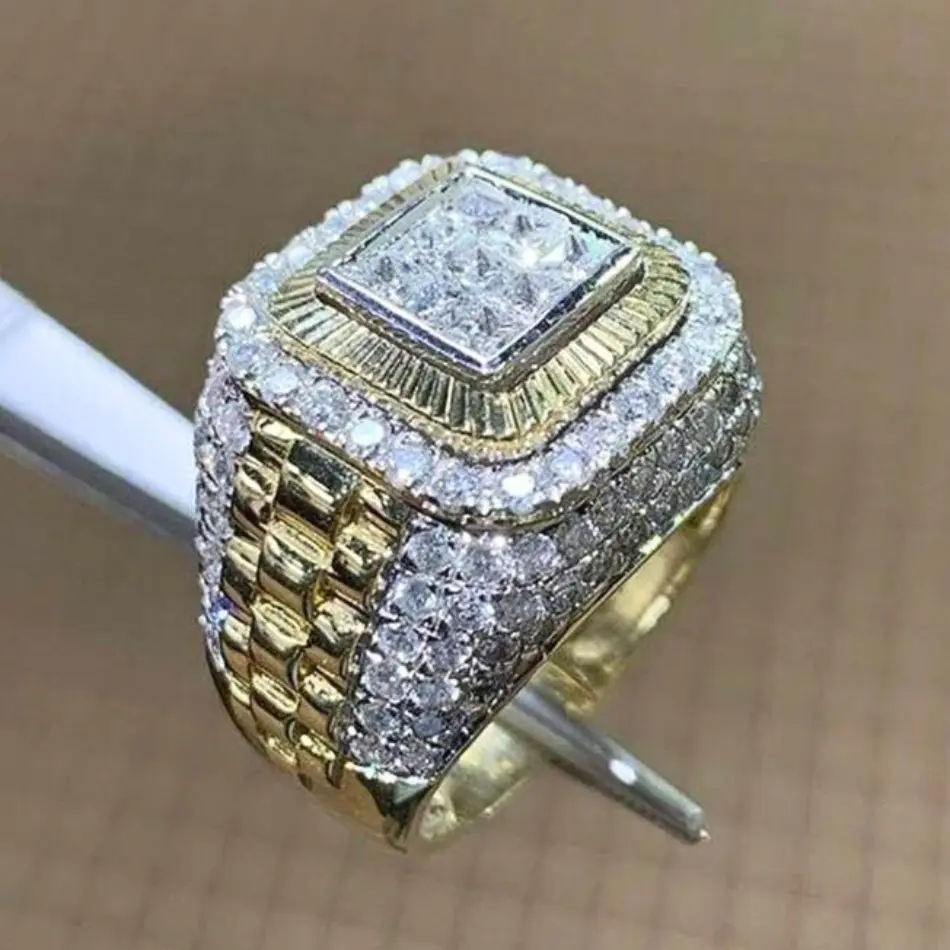 Gold plated men's ring, full set with stones, luxurious design ring, wedding ring for men