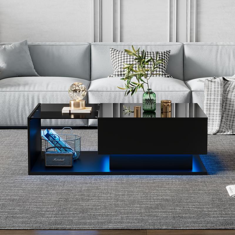 LED Coffee Table, Modern High Gloss Coffee Table, Center Table with Glass, Modern Coffee Table for Living Room with Drawer (Black) 2